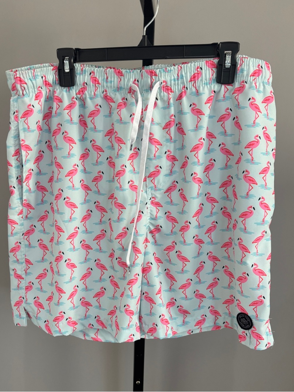 Brooklyn Cloth Light Blue Men’s Swim Trunks with Pink Flamingo Print Size XL